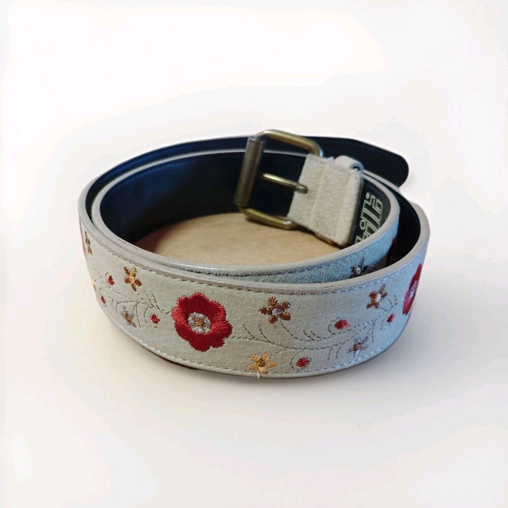 Tilt Embroidered Genuine Leather Cream Floral Belt Brass Buckle Western Boho S